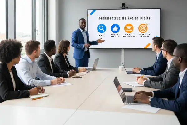 Formation fondamentaux marketing digital pour PME avec apprentissage des bases SEO, réseaux sociaux, email marketing et publicité en ligne
